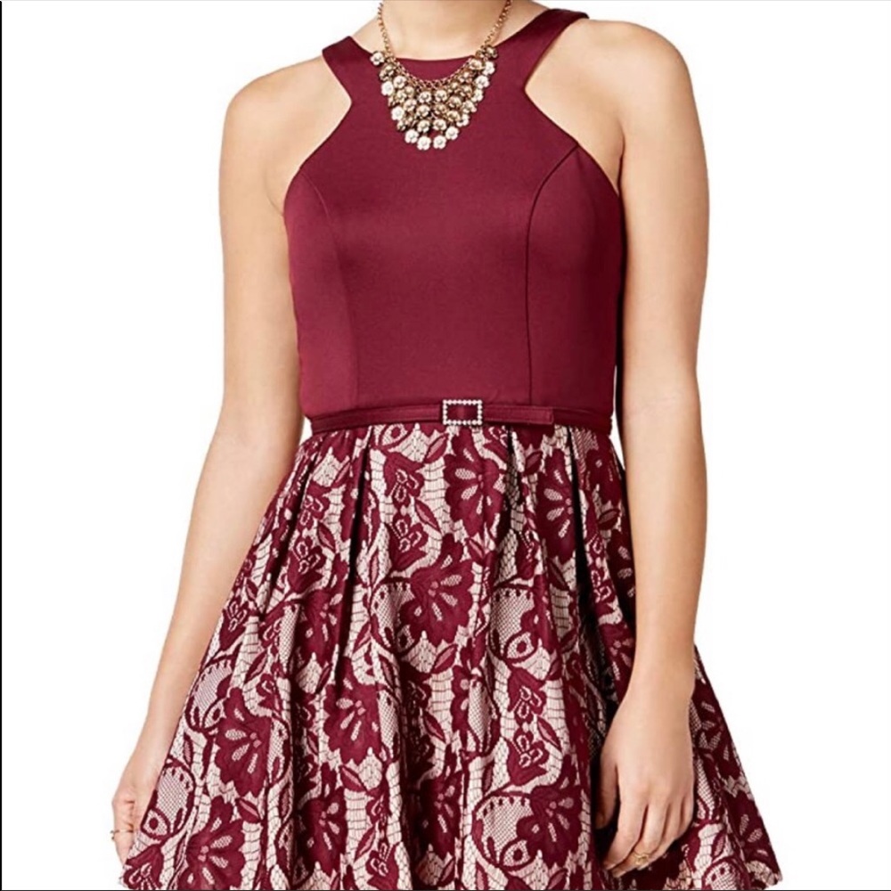 Crystal Doll Size 7 Wine/Nude Floral Embroidered Knee-Length Semi-Formal Dress